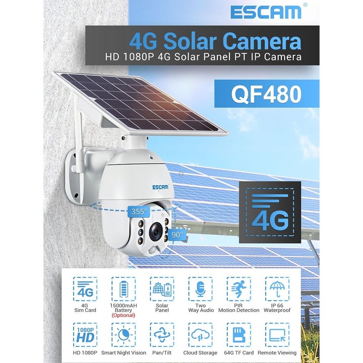 ESCAM QF480 US Version HD 1080P IP66 Waterproof 4G Solar Panel PT IP Camera without Battery, Support Night Vision / Motion Detec
