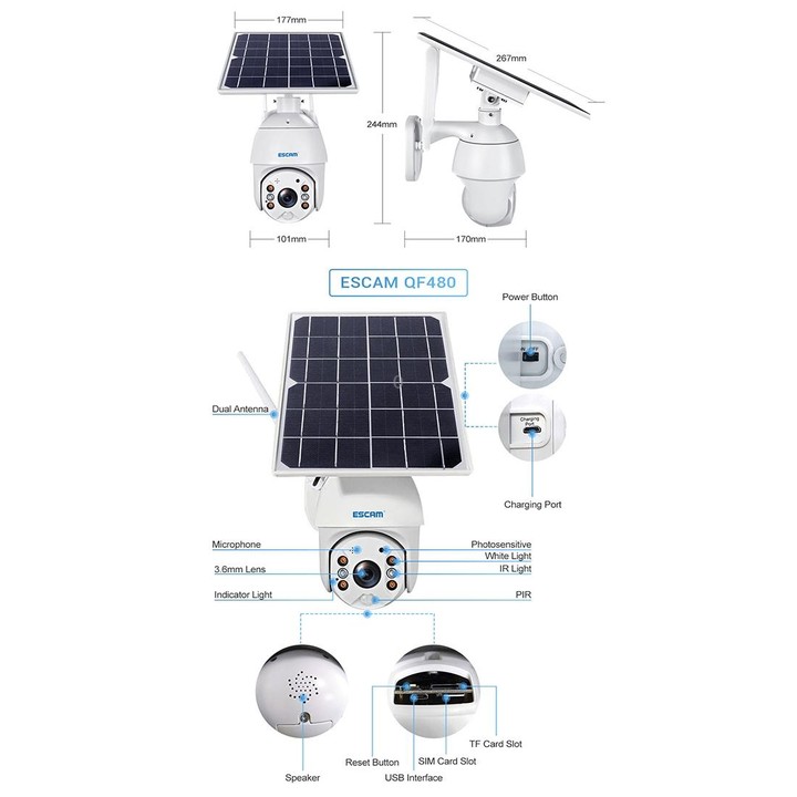 ESCAM QF480 EU Version HD 1080P IP66 Waterproof 4G Solar Panel PT IP Camera without Battery, Support Night Vision / Motion Detec