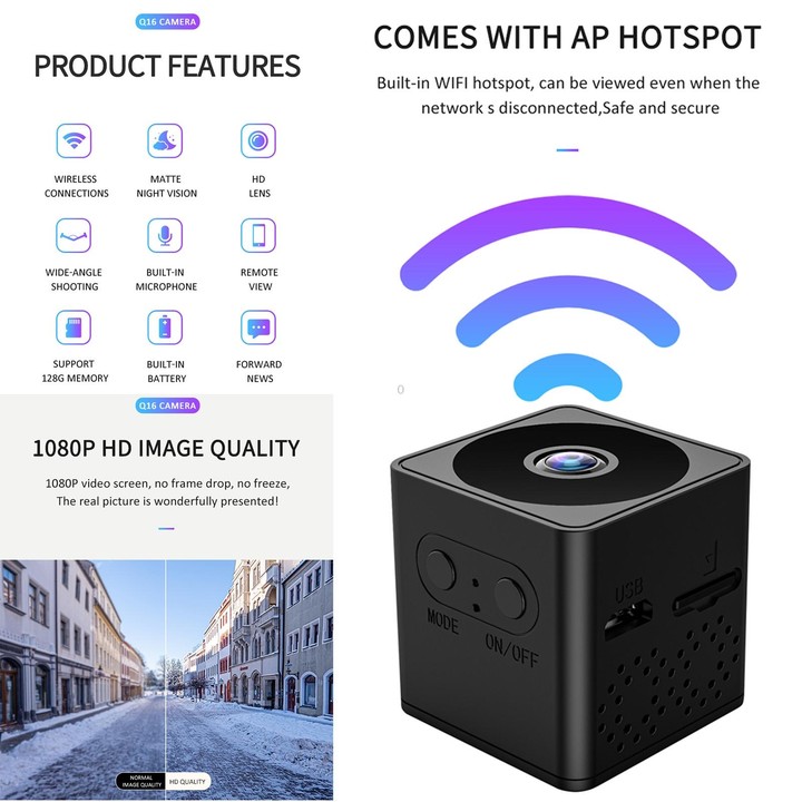 Q16 Mini WiFi Wireless Network Action Camera Wide-angle Recorder with Night Vision and Motion Detection (Black)