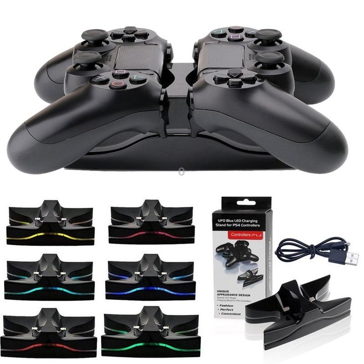 Special UFO Shape 2 x USB Charging Dock Station Stand / Controller Charging Stand for PS4 Playstation 4 with Multi Colors LED(Bl