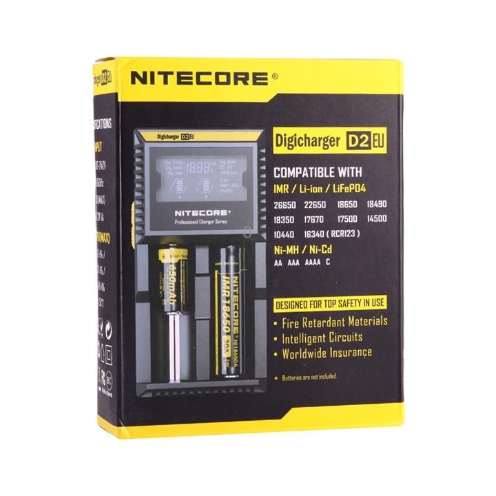 Nitecore D2 Intelligent Digi Smart Charger with LED Indicator for 14500, 16340 (RCR123), 18650, 22650, 26650, Ni-MH and Ni-Cd (A