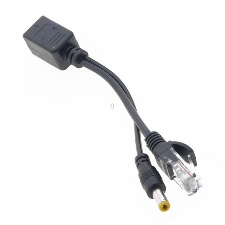 RJ45 POE Injector and Splitter Cable with 2.1x 5.5mm Male DC Jack (Black)