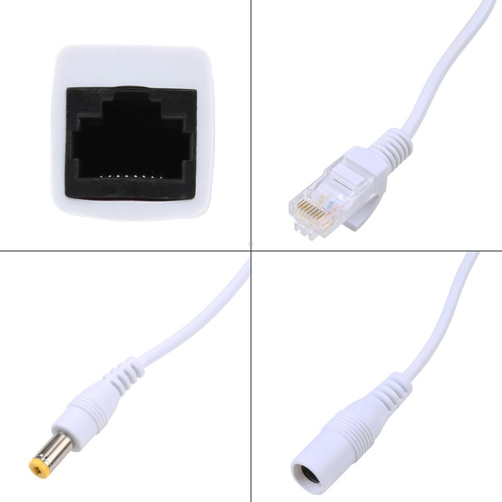 2 in 1 RJ45 POE Injector and Splitter Cable Set with 2.1x 5.5mm Female & Male DC Jack(White)