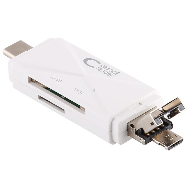 USB-C / Type-C + SD + TF + Micro USB to USB 2.0 Card Reader (White)