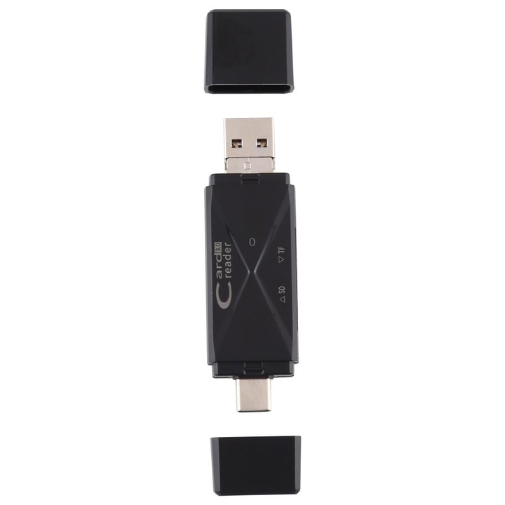 USB-C / Type-C + SD + TF + Micro USB to USB 3.0 Card Reader (Black)