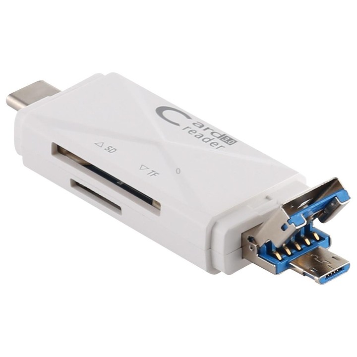 USB-C / Type-C + SD + TF + Micro USB to USB 3.0 Card Reader (White)