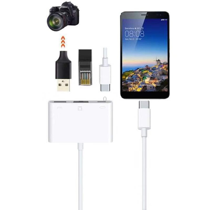 NK-107 TC 3 in 1 USB-C / Type-C Male to USB + Ethernet + Type-C Power Female Adapter