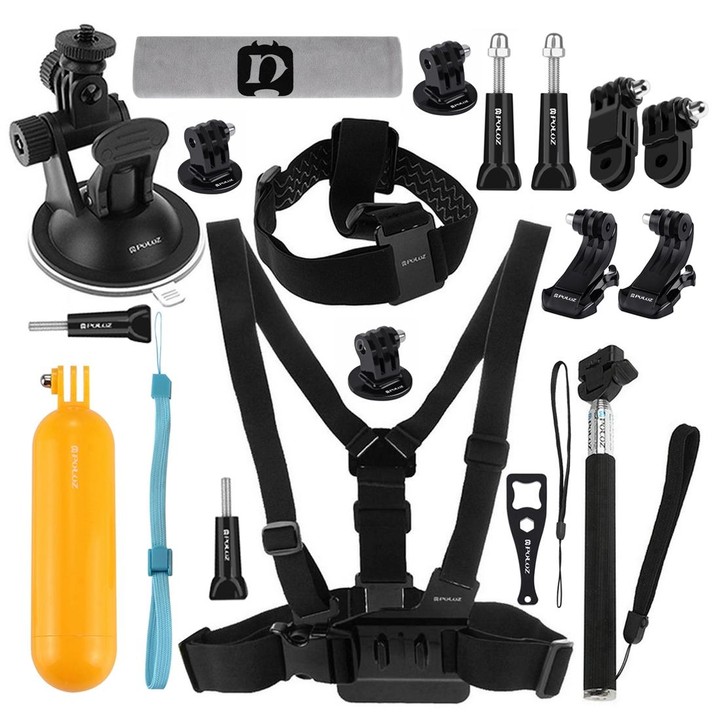 PULUZ 20 in 1 Accessories Combo Kits (Chest Strap + Head Strap + Suction Cup Mount + 3-Way Pivot Arm + J-Hook Buckles + Extendab