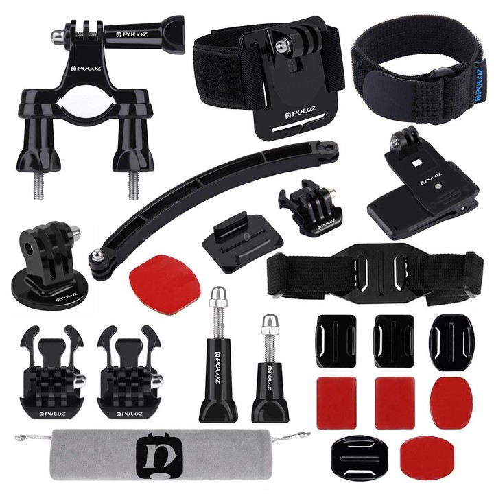PULUZ 24 in 1 Bike Mount Accessories Combo Kits (Wrist Strap + Helmet Strap + Extension Arm + Quick Release Buckles + Surface Mo