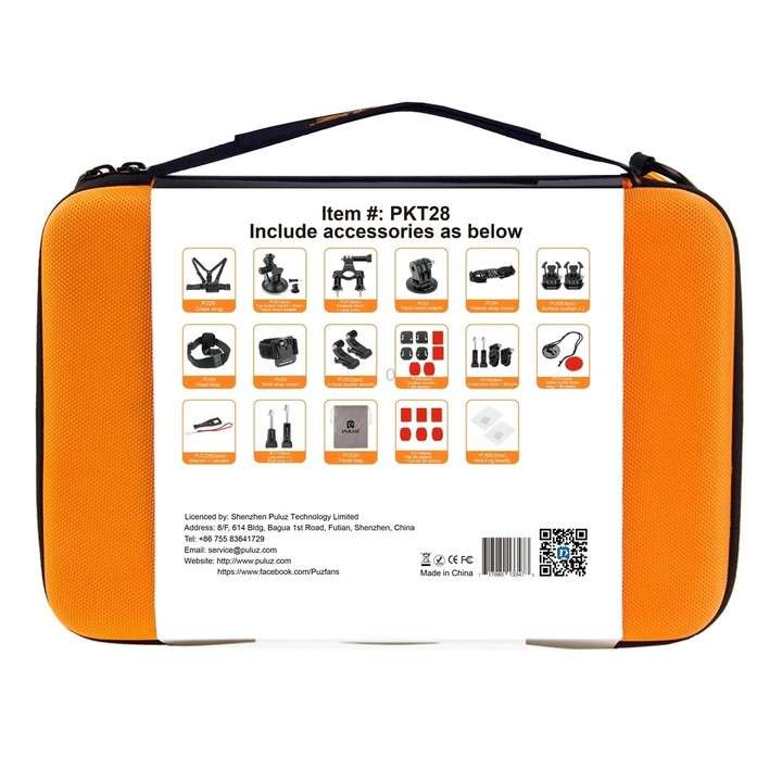 PULUZ 45 in 1 Accessories Ultimate Combo Kits with Orange EVA Case (Chest Strap + Suction Cup Mount + 3-Way Pivot Arms + J-Hook