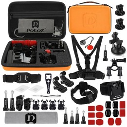 PULUZ 45 in 1 Accessories Ultimate Combo Kits with Orange EVA Case (Chest Strap + Suction Cup Mount + 3-Way Pivot Arms + J-Hook