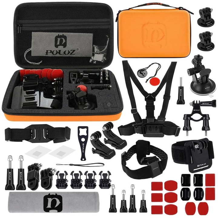 PULUZ 45 in 1 Accessories Ultimate Combo Kits with Orange EVA Case (Chest Strap + Suction Cup Mount + 3-Way Pivot Arms + J-Hook