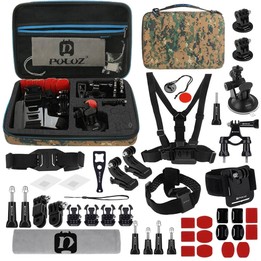 PULUZ 45 in 1 Accessories Ultimate Combo Kits with Camouflage EVA Case (Chest Strap + Suction Cup Mount + 3-Way Pivot Arms + J-H