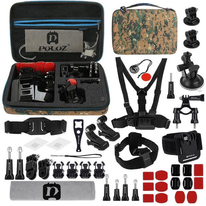 PULUZ 45 in 1 Accessories Ultimate Combo Kits with Camouflage EVA Case (Chest Strap + Suction Cup Mount + 3-Way Pivot Arms + J-H