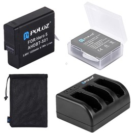 PULUZ 4 in 1 AHDBT-501 3.85V 1220mAh Battery + AHDBT-501 3-channel Battery Charger + Mesh Storage Bag + Battery Storage Box Kits