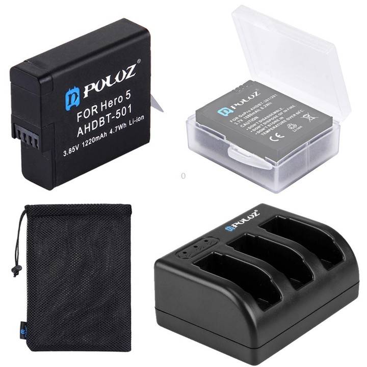 PULUZ 4 in 1 AHDBT-501 3.85V 1220mAh Battery + AHDBT-501 3-channel Battery Charger + Mesh Storage Bag + Battery Storage Box Kits