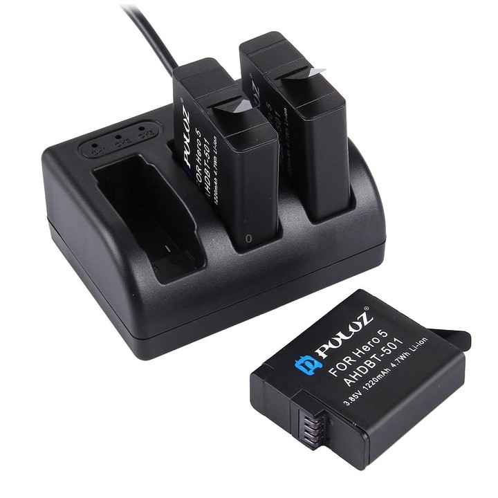 PULUZ 4 in 1 AHDBT-501 3.85V 1220mAh Battery + AHDBT-501 3-channel Battery Charger + Mesh Storage Bag + Battery Storage Box Kits