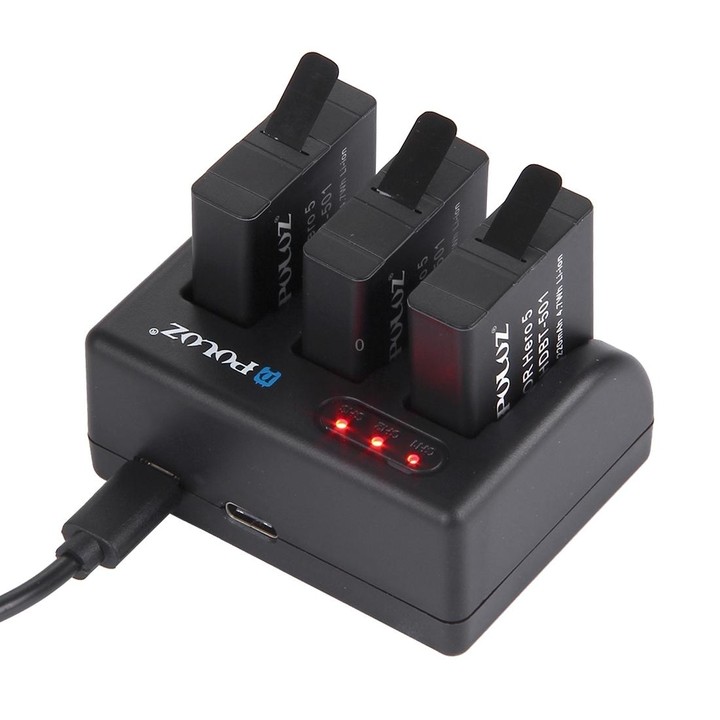 PULUZ 4 in 1 AHDBT-501 3.85V 1220mAh Battery + AHDBT-501 3-channel Battery Charger + Mesh Storage Bag + Battery Storage Box Kits