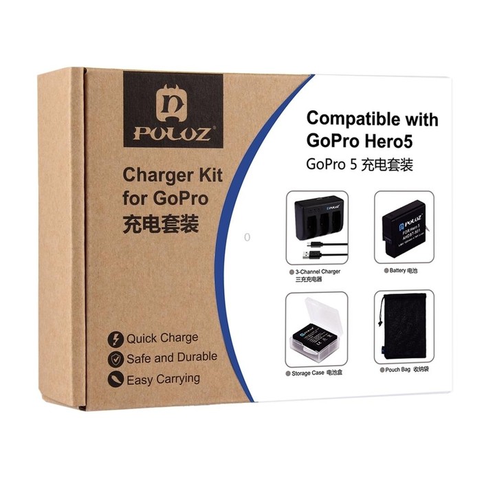 PULUZ 4 in 1 AHDBT-501 3.85V 1220mAh Battery + AHDBT-501 3-channel Battery Charger + Mesh Storage Bag + Battery Storage Box Kits