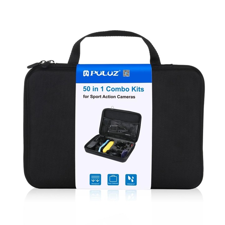 PULUZ 50 in 1 Accessories Total Ultimate Combo Kits with EVA Case (Chest Strap + Suction Cup Mount + 3-Way Pivot Arms + J-Hook B