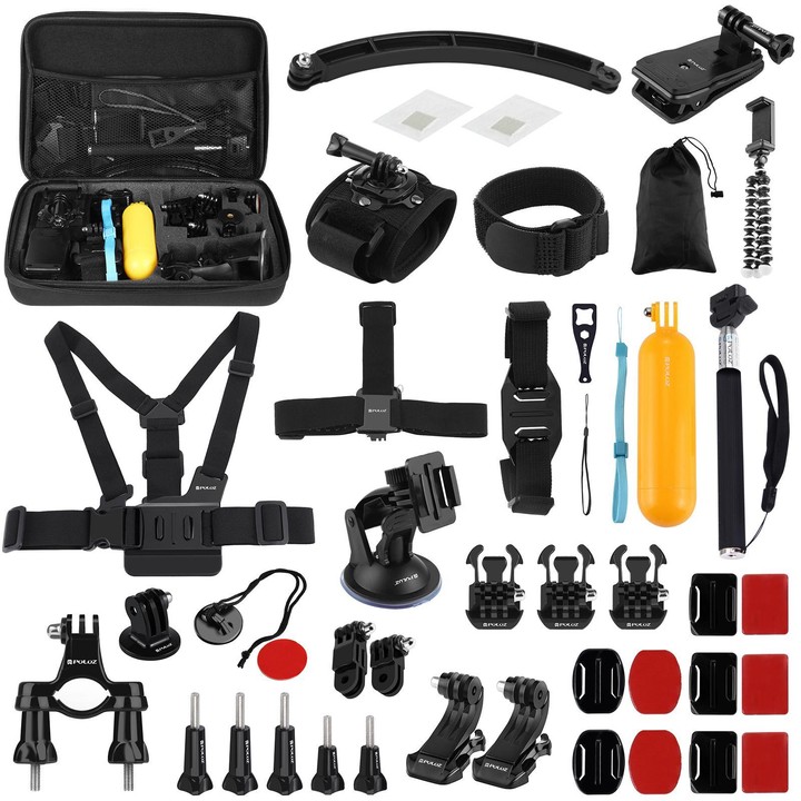 PULUZ 50 in 1 Accessories Total Ultimate Combo Kits with EVA Case (Chest Strap + Suction Cup Mount + 3-Way Pivot Arms + J-Hook B