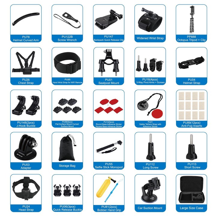 PULUZ 50 in 1 Accessories Total Ultimate Combo Kits with EVA Case (Chest Strap + Suction Cup Mount + 3-Way Pivot Arms + J-Hook B