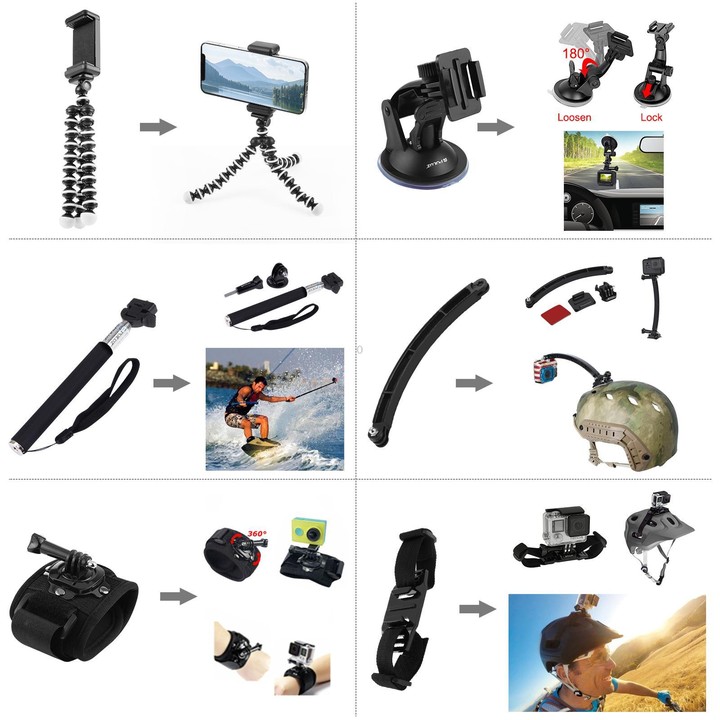 PULUZ 50 in 1 Accessories Total Ultimate Combo Kits with EVA Case (Chest Strap + Suction Cup Mount + 3-Way Pivot Arms + J-Hook B