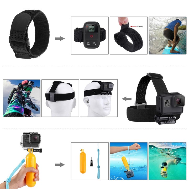 PULUZ 50 in 1 Accessories Total Ultimate Combo Kits with EVA Case (Chest Strap + Suction Cup Mount + 3-Way Pivot Arms + J-Hook B