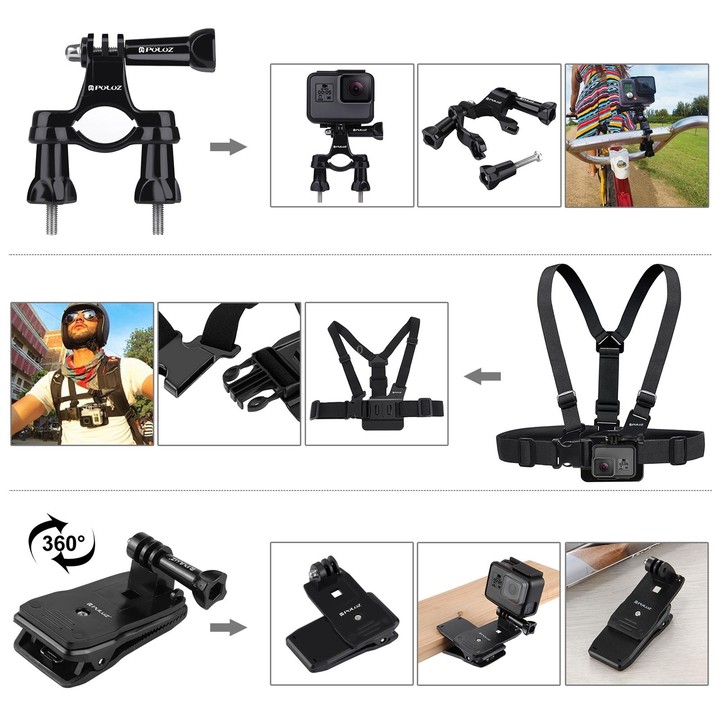 PULUZ 50 in 1 Accessories Total Ultimate Combo Kits with EVA Case (Chest Strap + Suction Cup Mount + 3-Way Pivot Arms + J-Hook B