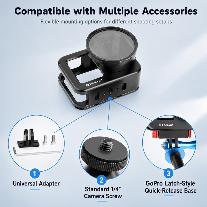 PULUZ Aluminum Alloy Protective Cage with 58mm UV Lens & Lens Cover for GoPro MISSION 1 / 1 PRO (Black)