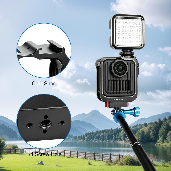 For GoPro MAX2 PULUZ Metal Camera Cage Frame with Cold Shoe & Adapter (Black)