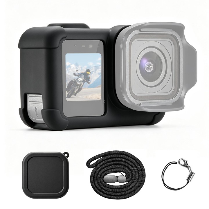 For GoPro MISSION 1 / 1 PRO PULUZ Body Silicone Protective Case with Lens Cover & Strap (Black)