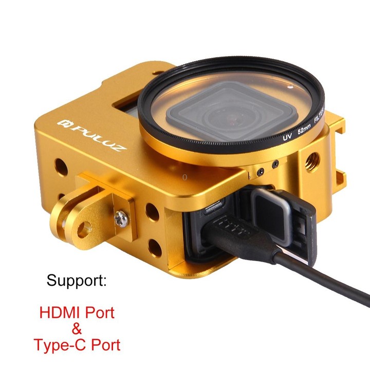 PULUZ Housing Shell CNC Aluminum Alloy Protective Cage with 52mm UV Lens for GoPro HERO(2018) /7 Black /6 /5(Gold)