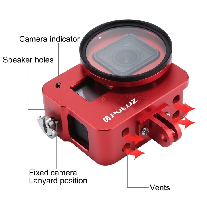 PULUZ Housing Shell CNC Aluminum Alloy Protective Cage with 52mm UV Lens for GoPro HERO(2018) /7 Black /6 /5(Red)
