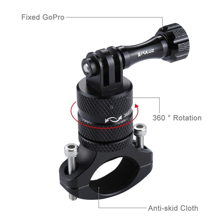 PULUZ 360 Degree Rotation Bike Aluminum Handlebar Adapter Mount with Screw for GoPro, Insta360, DJI and Other Action Cameras(Bla