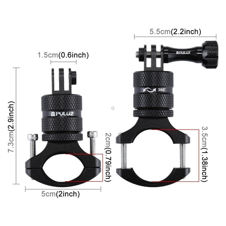 PULUZ 360 Degree Rotation Bike Aluminum Handlebar Adapter Mount with Screw for GoPro, Insta360, DJI and Other Action Cameras(Bla