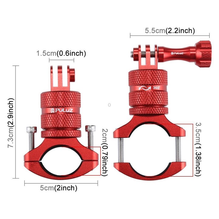 PULUZ 360 Degree Rotation Bike Aluminum Handlebar Adapter Mount with Screw for GoPro, Insta360, DJI and Other Action Cameras(Red