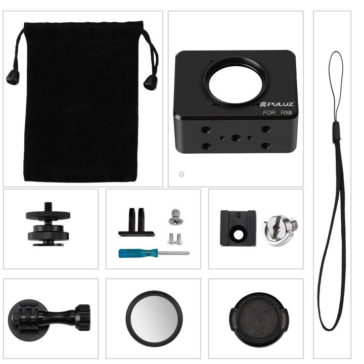 PULUZ Housing Shell CNC Aluminum Alloy Protective Cage with 37mm UV Lens & Base Mount & Screw for Sony RX0(Black)