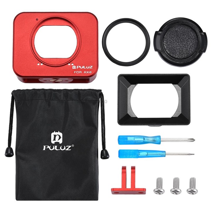 PULUZ for Sony RX0 Aluminum Alloy Protective Cage + 37mm UV Filter Lens + Lens Sunshade with Screws and Screwdrivers(Red)