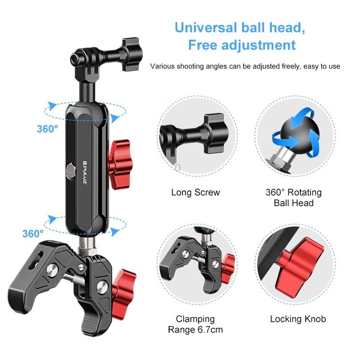 PULUZ Motorcycle Handlebar Crab Clamp CNC Metal Magic Arm Rod Mount
