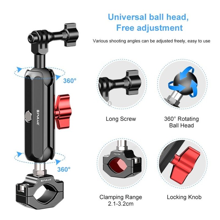 PULUZ Motorcycle Rearview Large Clamp CNC Metal Magic Arm Rod Mount