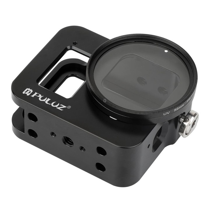 PULUZ Housing Shell CNC Aluminum Alloy Protective Cage with Insurance Frame & 52mm UV Lens for GoPro HERO8 Black(Black)