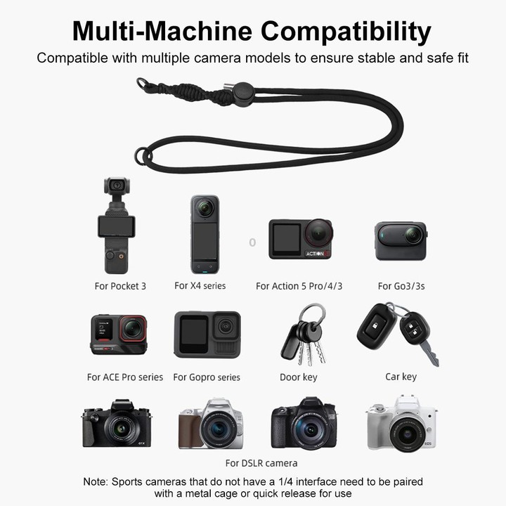 PULUZ Sports Camera Lanyard Long Adjustable Anti-lost Rope for DJI OSMO Pocket 4 / 3 / Insta360 X5 (Black)