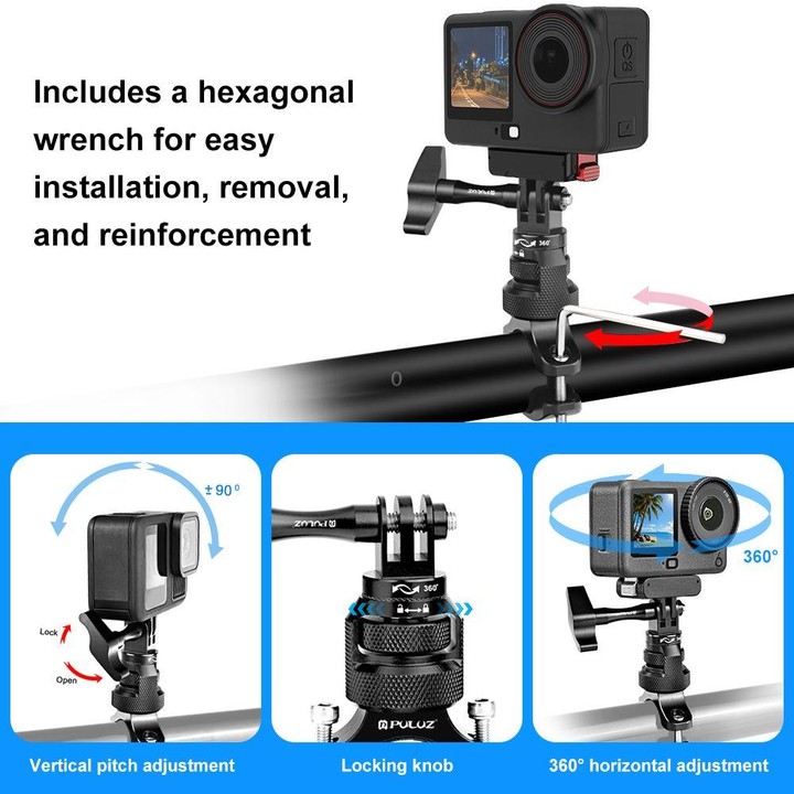 PULUZ 360 Degree Rotation MotorBike Aluminum Mount Handlebar Adapter with Screw for GoPro, Insta360, DJI and Other Action Camera