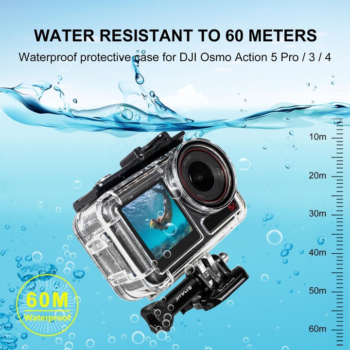 For DJI Osmo Action 5 Pro / 3 / 4 PULUZ 60m Underwater Waterproof Housing Diving Case with Cold Shoe & Buckle Basic Mount & Scre