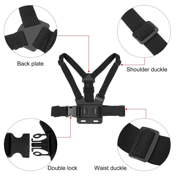 PULUZ 5 in 1 Adjustable Body Mount Belt Chest Strap with Phone Clamp & J Hook Mount & Long Screw Kit