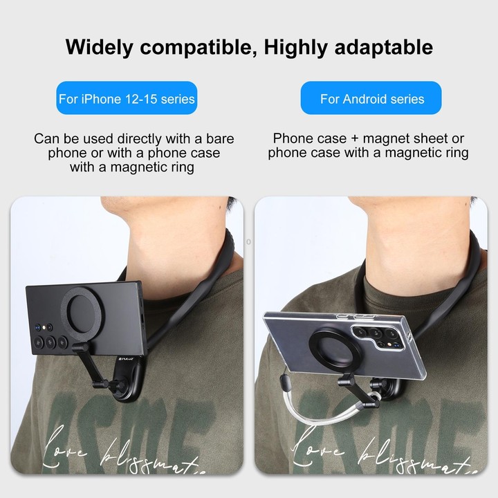 PULUZ Magnetic Collar Bracket POV View Mount with Phone Clamp for GoPro Action Cameras / Phones (Black)
