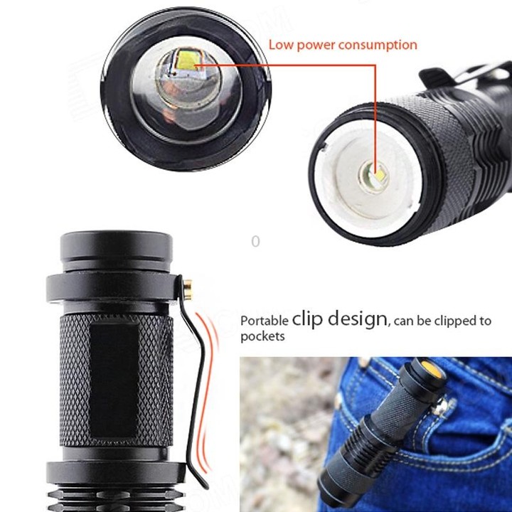 SK68 180lm Zoom Lens LED Flashlight, Q3-WC LED, 1-Mode, White Light, with Clip(Black)