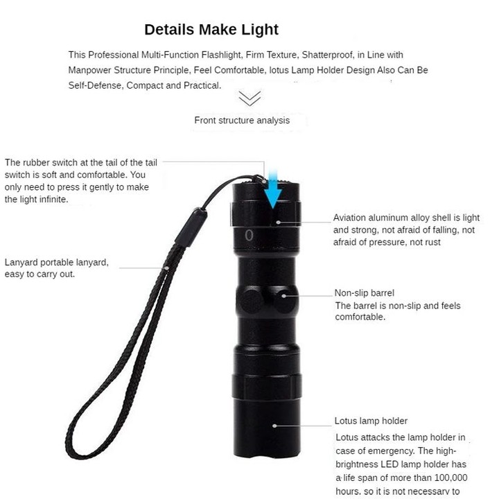 3W LED Mini Flashlight Light Torch Lamp with Strap(Black)