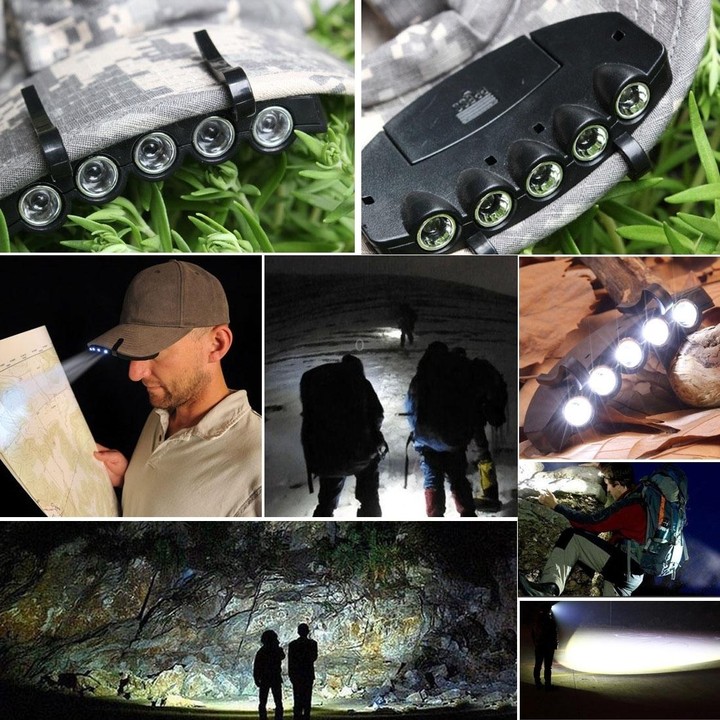 Head Light Lamp Cap Torch Bulb, 5 LED White Light, for Outdoor Fishing Camping Hunting(Black)